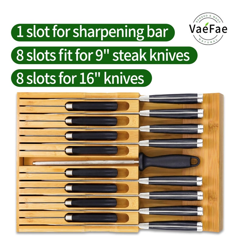 VaeFae In-Drawer Knife Block,Bamboo Knife Drawer Organizer Insert, Kitchen Knife Drawer Storage for 16 Knives PLUS a Slot for your Knife Sharpener (Without Knives) - Image 3